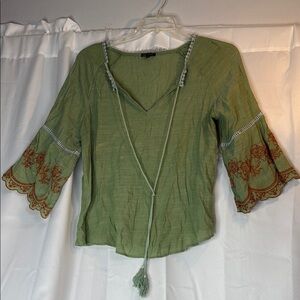 Michael Star Green Tie Front 3/4 Sleeve Embellished Blouse.